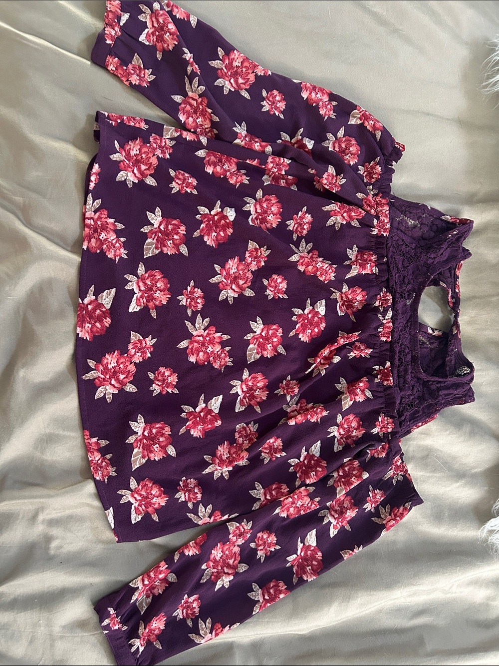 mine Purple Floral Lace Yuffle Blouse with Pink Flowers
